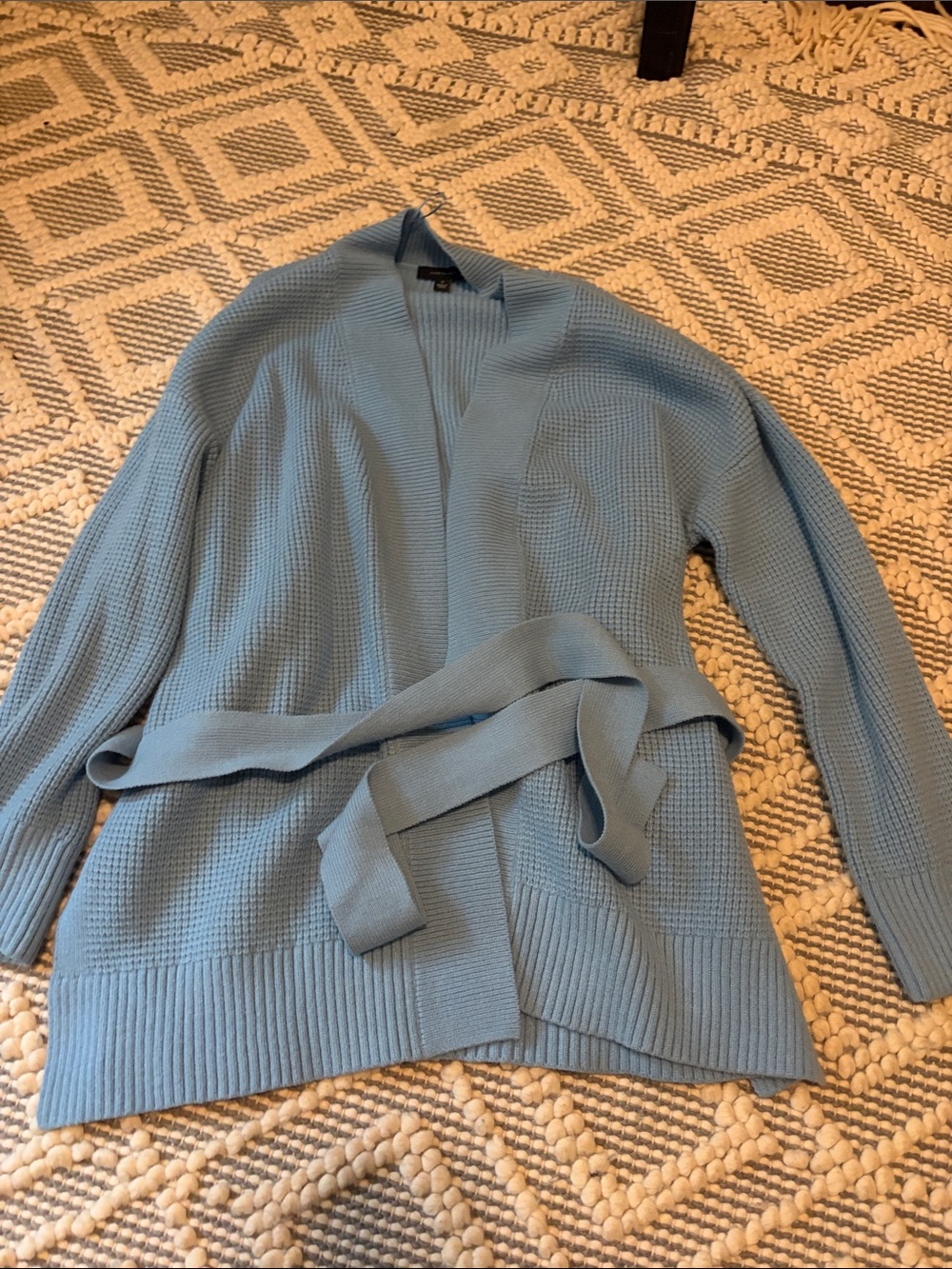 Ann Taylor Light Blue Waffle Knit Open-Front Belted Cardigan